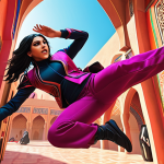 ** A vibrant, action-packed scene from a Valorant match, featuring a popular agent like Jett or Reyna in mid-air, using their abilities. Bright colors, dynamic angles, and an overlay of Arabic-inspired art elements.

**