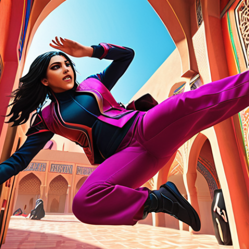 Home 14 ** A vibrant, action-packed scene from a Valorant match, featuring a popular agent like Jett or Reyna in mid-air, using their abilities. Bright colors, dynamic angles, and an overlay of Arabic-inspired art elements.
**