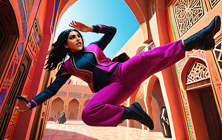 ** A vibrant, action-packed scene from a Valorant match, featuring a popular agent like Jett or Reyna in mid-air, using their abilities. Bright colors, dynamic angles, and an overlay of Arabic-inspired art elements.
**