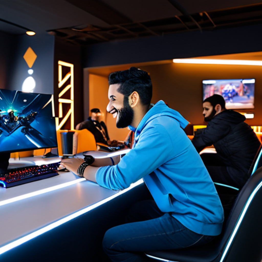 A diverse group of young adult Arab gamers, fully clothed in modest, modern casual wear, engaged in a friendly Valorant session at a stylish esports cafe. They are smiling and interacting, some focused on screens showing abstract game UI. The setting features comfortable seating and ambient lighting. perfect anatomy, correct proportions, natural pose, well-formed hands, proper finger count, natural body proportions, safe for work, appropriate content, fully clothed, professional, modest, family-friendly, high quality, professional photography, cinematic lighting.