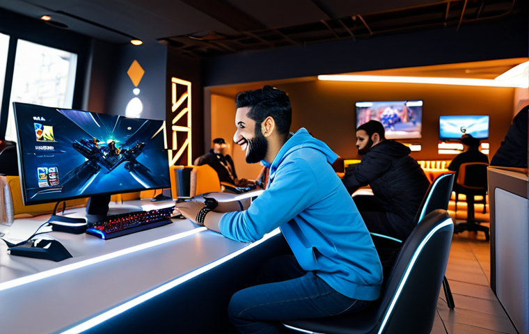 A diverse group of young adult Arab gamers, fully clothed in modest, modern casual wear, engaged in a friendly Valorant session at a stylish esports cafe. They are smiling and interacting, some focused on screens showing abstract game UI. The setting features comfortable seating and ambient lighting. perfect anatomy, correct proportions, natural pose, well-formed hands, proper finger count, natural body proportions, safe for work, appropriate content, fully clothed, professional, modest, family-friendly, high quality, professional photography, cinematic lighting.