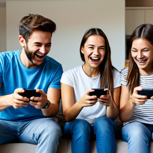 Mobile Gamer Excitement**

"A group of friends, fully clothed in casual, modest clothing, gathered in a modern living room, enthusiastically playing a mobile game on their smartphones.  They are smiling and gesturing excitedly.  Background: comfortable furniture, bright lighting, family-friendly setting.  Safe for work, appropriate content, perfect anatomy, natural proportions, professional photography, high quality."

**