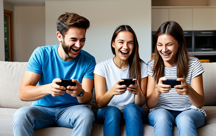 Mobile Gamer Excitement**
"A group of friends, fully clothed in casual, modest clothing, gathered in a modern living room, enthusiastically playing a mobile game on their smartphones. They are smiling and gesturing excitedly. Background: comfortable furniture, bright lighting, family-friendly setting. Safe for work, appropriate content, perfect anatomy, natural proportions, professional photography, high quality."
**