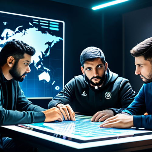 Strategic Planning Session**

"A team of Valorant players, fully clothed in casual but professional attire, gathered around a table analyzing a game replay on a holographic display, showcasing an in-game map. The scene is set in a modern, well-lit gaming cafe decorated with Arabic calligraphy art. Focus on teamwork, strategy, and intense concentration. safe for work, appropriate content, professional, perfect anatomy, natural proportions, well-formed hands, proper finger count."

**