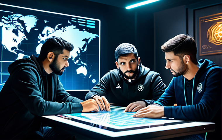 Strategic Planning Session**
"A team of Valorant players, fully clothed in casual but professional attire, gathered around a table analyzing a game replay on a holographic display, showcasing an in-game map. The scene is set in a modern, well-lit gaming cafe decorated with Arabic calligraphy art. Focus on teamwork, strategy, and intense concentration. safe for work, appropriate content, professional, perfect anatomy, natural proportions, well-formed hands, proper finger count."
**