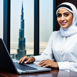 **

"A successful businesswoman in a modern, modest abaya (fully clothed), seated at a sleek desk in a Dubai office overlooking the Burj Khalifa, safe for work, appropriate content, perfect anatomy, natural proportions, high-quality professional photograph."

**