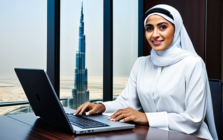 **
"A successful businesswoman in a modern, modest abaya (fully clothed), seated at a sleek desk in a Dubai office overlooking the Burj Khalifa, safe for work, appropriate content, perfect anatomy, natural proportions, high-quality professional photograph."
**