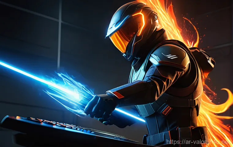 발로란트 유용한 단축키 모음 - A Valorant agent, Omen, is crouched low behind a futuristic, metallic cover on a spike plant site, s...