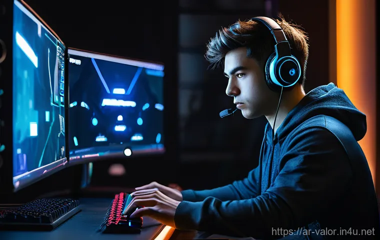발로란트 경기 중 멘탈 유지법 - **Prompt 1: The Focused Duelist Amidst the Storm** "A young adult, male gamer, fully clothed in ...