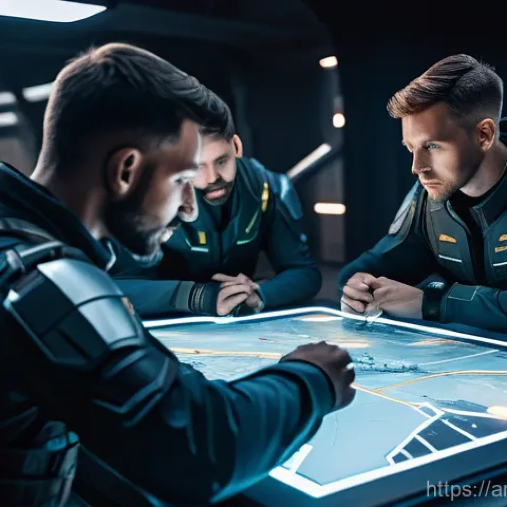 발로란트 팀워크의 중요성 - **Prompt 1: Strategic Huddle on a Futuristic Battlefield** "A diverse team of five Valorant-insp...
