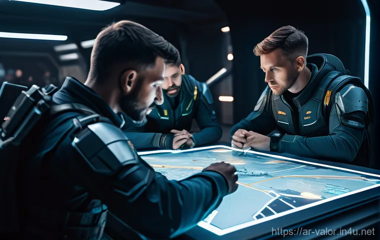 발로란트 팀워크의 중요성 - **Prompt 1: Strategic Huddle on a Futuristic Battlefield** "A diverse team of five Valorant-insp...