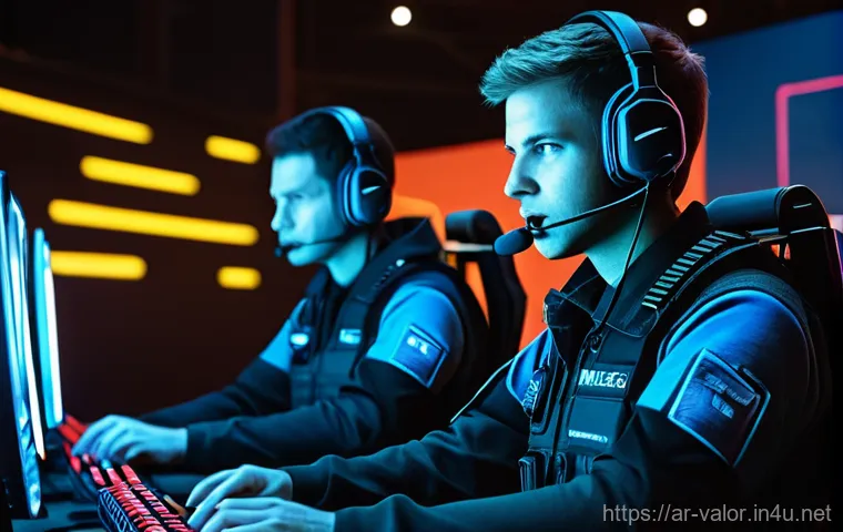 발로란트 팀워크 연습법 - **Prompt 1: Intense Team Communication in a Tactical Shooter** "A diverse team of five professio...