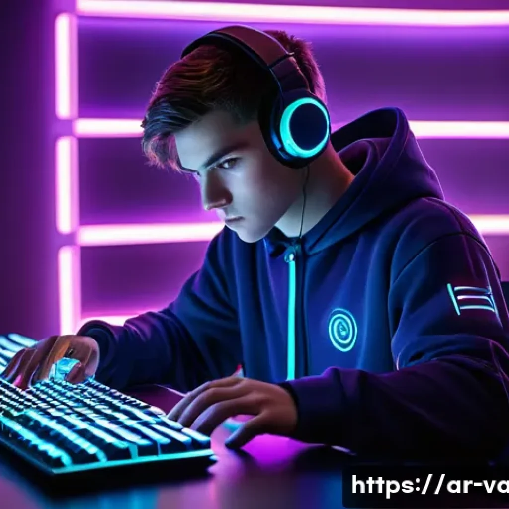 발로란트 커스텀 게임 활용법 - A focused young gamer, approximately 16 years old, with short, neat hair, wearing a sleek, modern es...