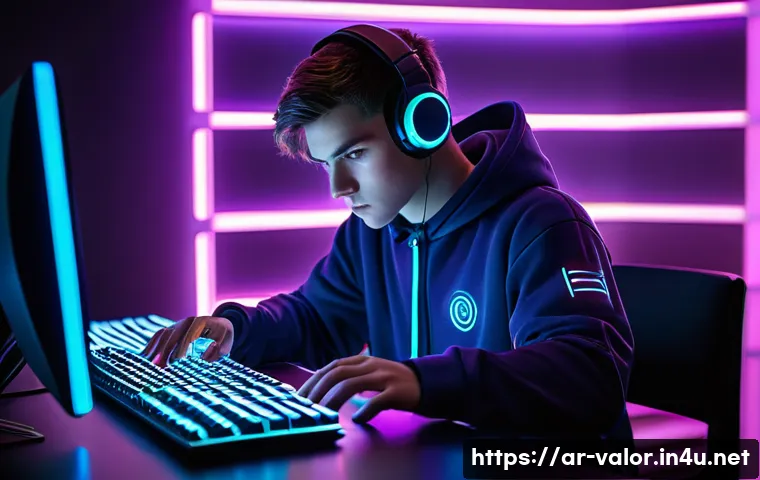 발로란트 커스텀 게임 활용법 - A focused young gamer, approximately 16 years old, with short, neat hair, wearing a sleek, modern es...