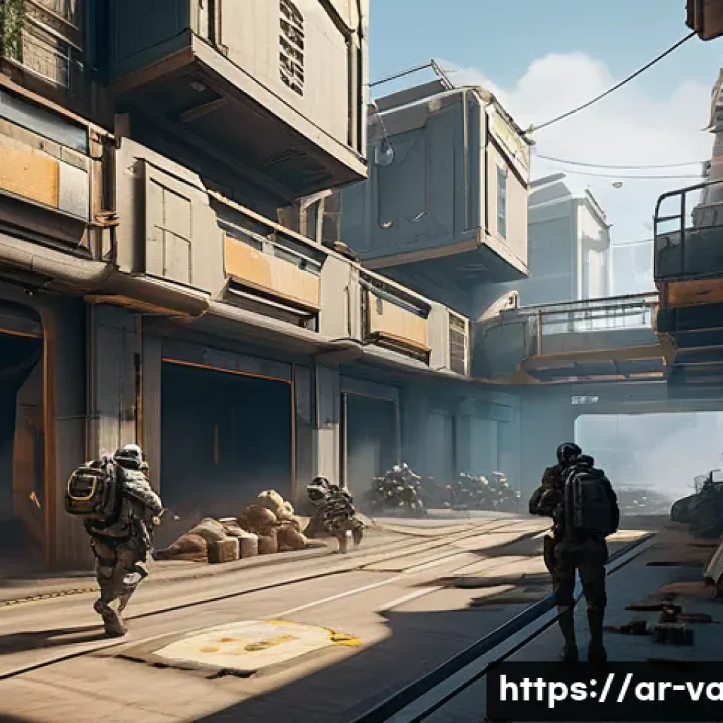 발로란트 신규 맵 트렌드 - A highly detailed futuristic Valorant map scene showcasing a balanced layout of open spaces and narr...