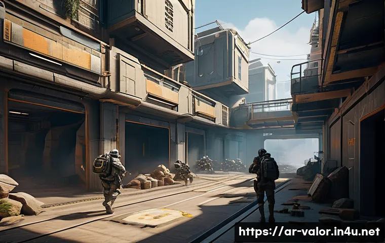 발로란트 신규 맵 트렌드 - A highly detailed futuristic Valorant map scene showcasing a balanced layout of open spaces and narr...