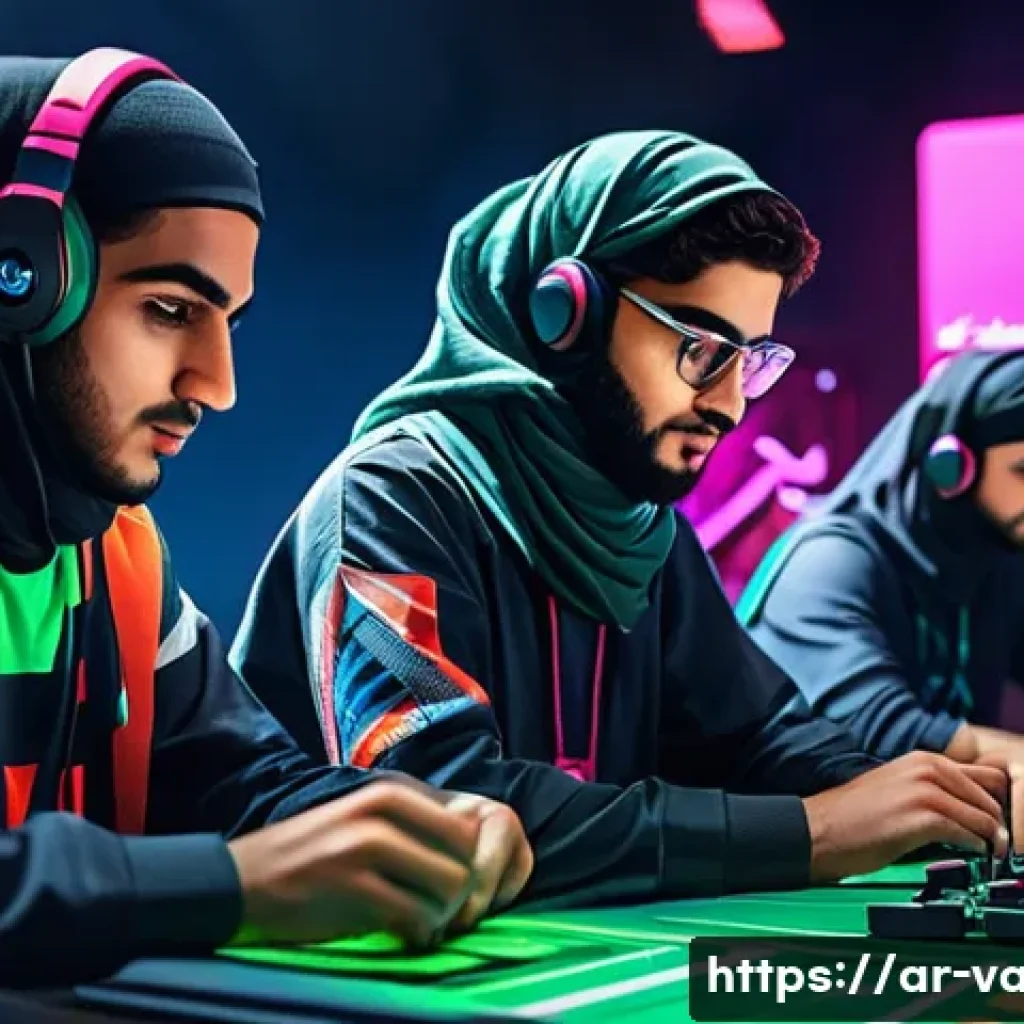 발로란트 유저 기반 콘텐츠 전략 - A dynamic digital illustration of a diverse group of young Arab esports players aged 16-30 intensely...