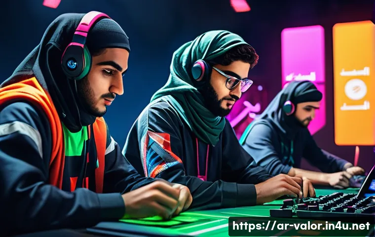 발로란트 유저 기반 콘텐츠 전략 - A dynamic digital illustration of a diverse group of young Arab esports players aged 16-30 intensely...
