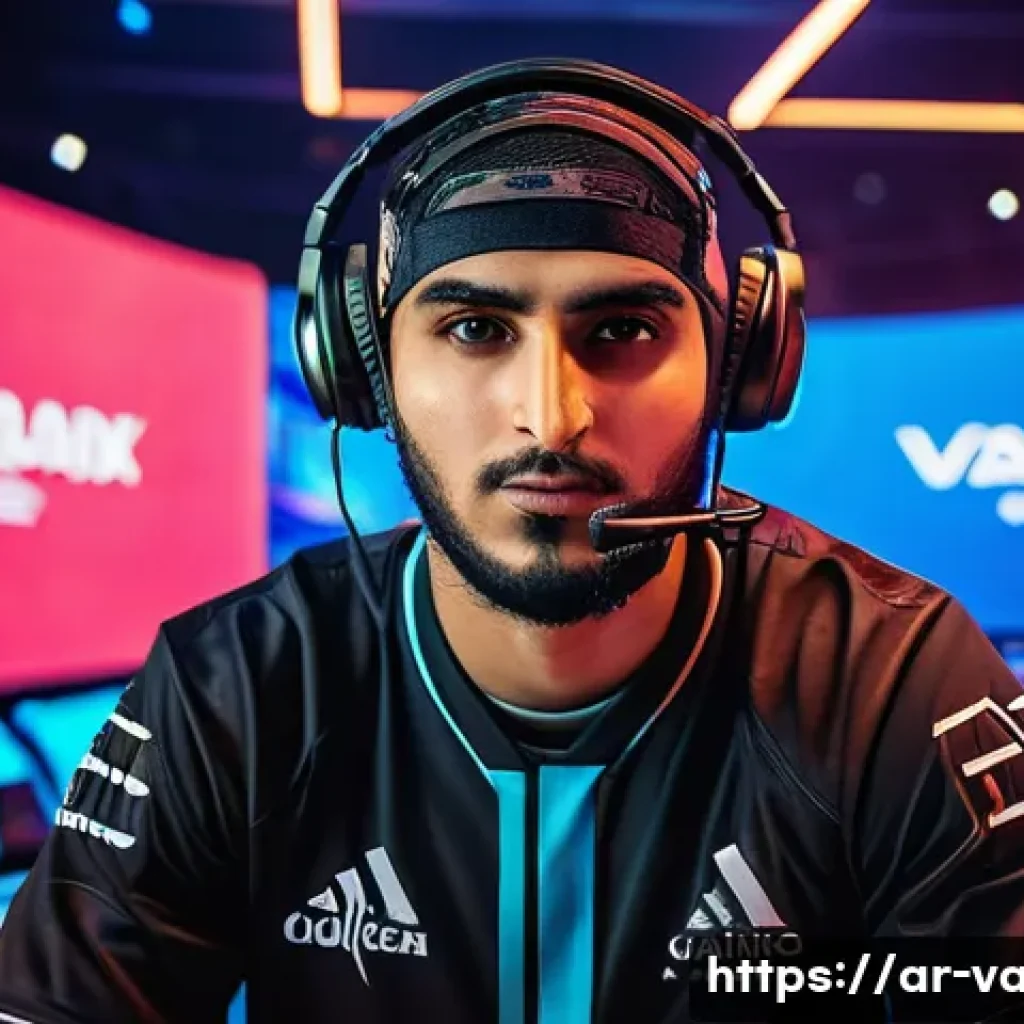 발로란트 세계 챔피언십 정보 - A dynamic and intense esports arena scene featuring a diverse Arab professional Valorant team named ...