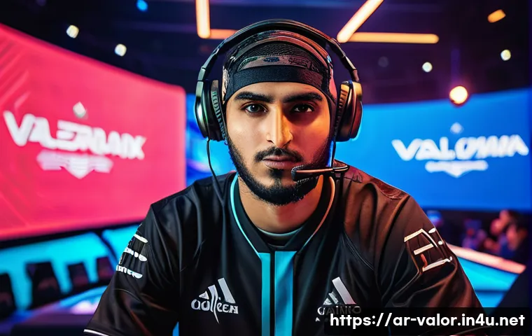 발로란트 세계 챔피언십 정보 - A dynamic and intense esports arena scene featuring a diverse Arab professional Valorant team named ...