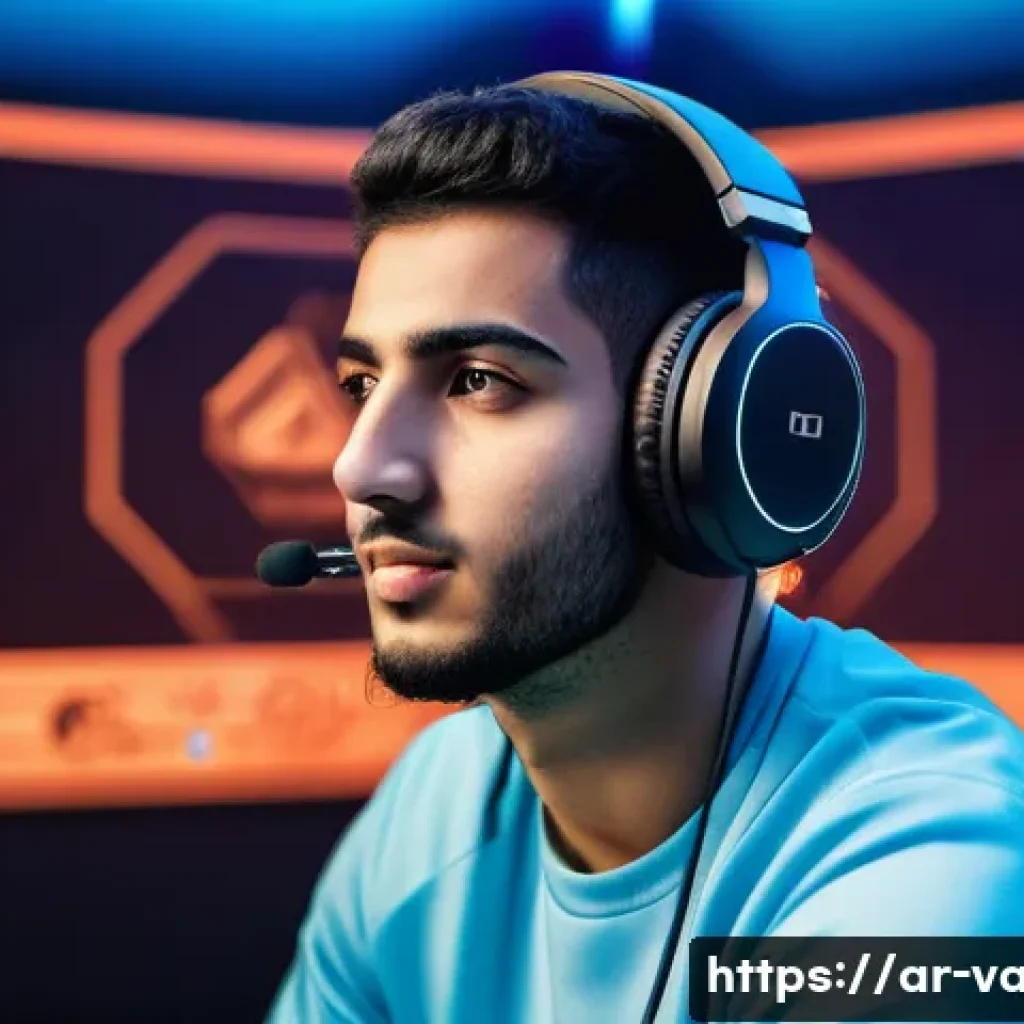 발로란트 경쟁전 순위 시스템 - A competitive gaming scene featuring an Arab male esports player in his early 20s, wearing a sleek g...