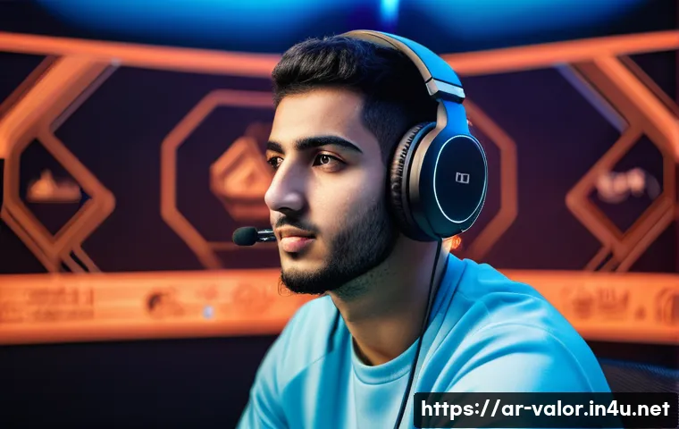 발로란트 경쟁전 순위 시스템 - A competitive gaming scene featuring an Arab male esports player in his early 20s, wearing a sleek g...