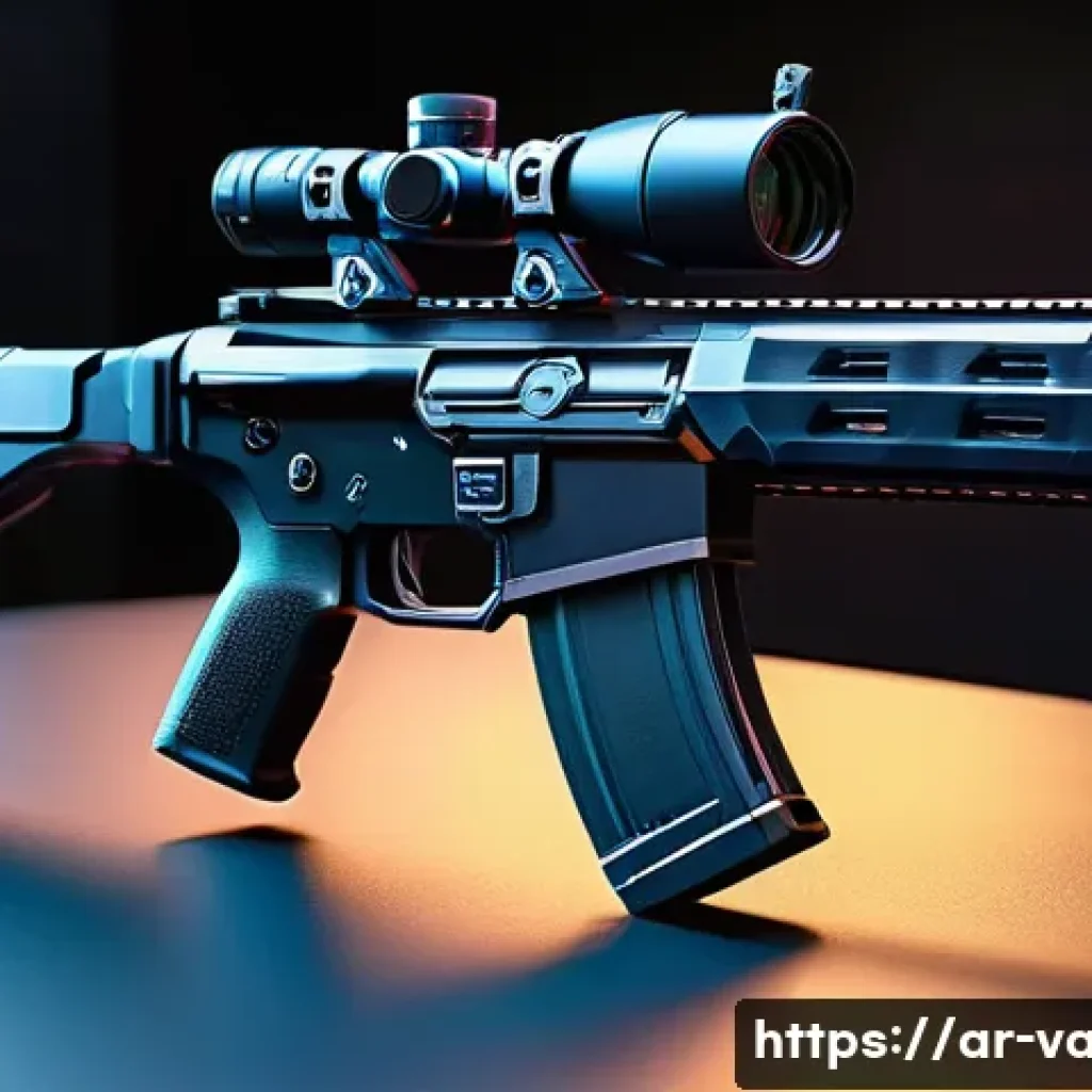 발로란트 신규 총기 데이터 - A sleek, futuristic lightweight assault rifle designed for Valorant, featuring a metallic reinforced...