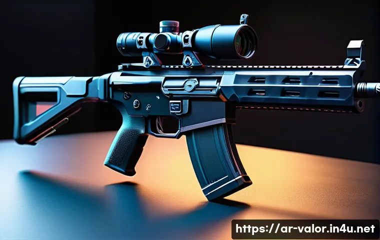 발로란트 신규 총기 데이터 - A sleek, futuristic lightweight assault rifle designed for Valorant, featuring a metallic reinforced...