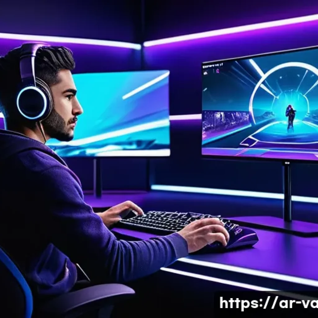 발로란트 인기 스트리머 소개 - A dynamic digital art scene depicting a professional Valorant streamer in a modern gaming setup, wea...
