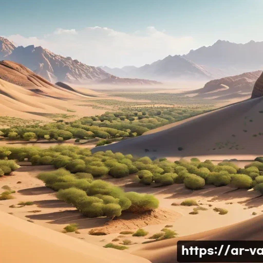 발로란트 신규 맵 루머 - A highly detailed Valorant map scene featuring a vast desert landscape interspersed with lush green ...