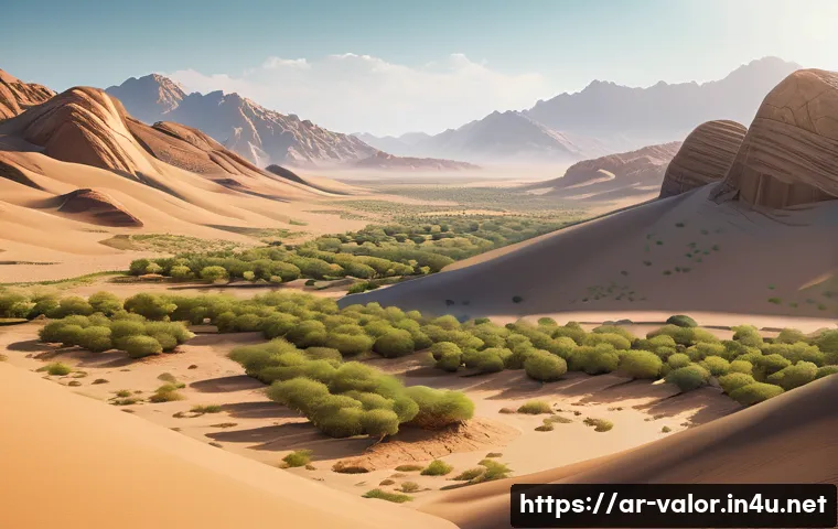 발로란트 신규 맵 루머 - A highly detailed Valorant map scene featuring a vast desert landscape interspersed with lush green ...