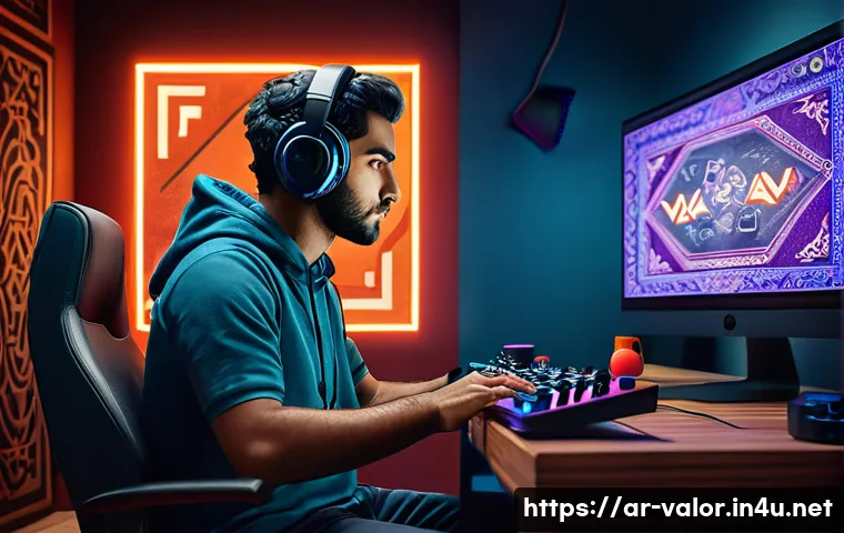 발로란트 비활성화 계정 해제 방법 - A detailed digital illustration of an Arabic male gamer in a modern gaming room, wearing casual clot...