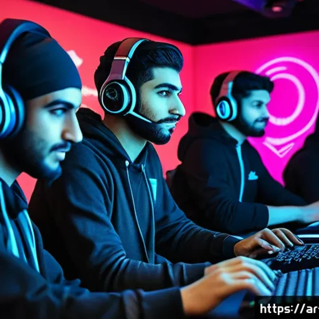 발로란트 게임 내 채팅 사용법 - A dynamic esports team of five Middle Eastern players strategizing intensely in a high-tech gaming r...