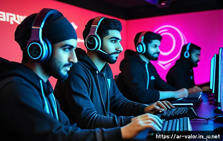 발로란트 게임 내 채팅 사용법 - A dynamic esports team of five Middle Eastern players strategizing intensely in a high-tech gaming r...