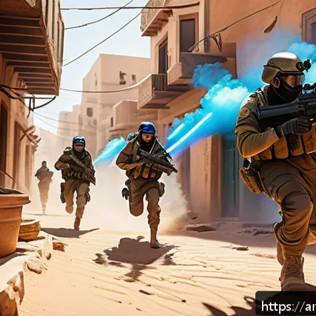 발로란트 에이전트 특수능력 총정리 - A dynamic digital artwork featuring a tactical Valorant match scene in an urban Middle Eastern citys...