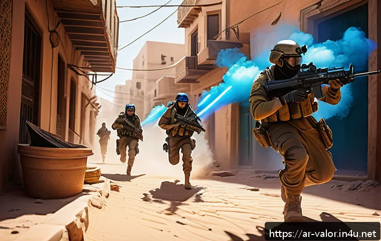 발로란트 에이전트 특수능력 총정리 - A dynamic digital artwork featuring a tactical Valorant match scene in an urban Middle Eastern citys...