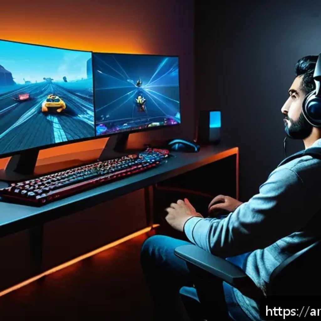 발로란트 에임 교정 방법 - A detailed digital art scene of a professional Arab gamer in a modern, quiet gaming room with soft a...