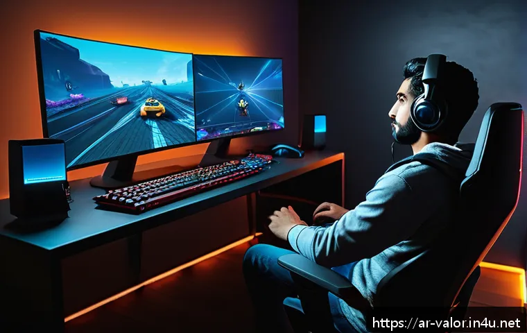 발로란트 에임 교정 방법 - A detailed digital art scene of a professional Arab gamer in a modern, quiet gaming room with soft a...