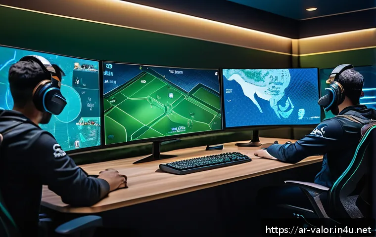 발로란트 경기 리포트 확인법 - A detailed esports analysis scene featuring a diverse team of Arabic gamers intensely studying Valor...