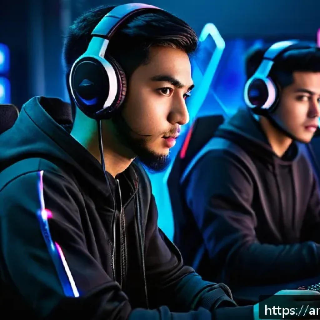 발로란트 아시아 서버 특징 - A dynamic esports gaming scene set in a futuristic Asian cityscape at night, featuring a diverse gro...
