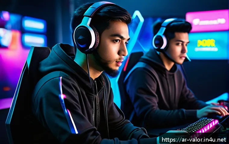 발로란트 아시아 서버 특징 - A dynamic esports gaming scene set in a futuristic Asian cityscape at night, featuring a diverse gro...