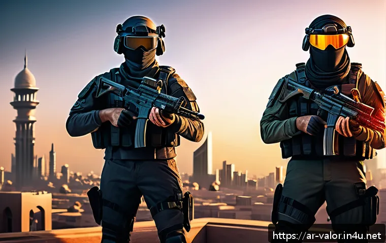 발로란트 유저 피드백 반영 콘텐츠 - A dynamic scene of a balanced competitive shooter game set in a futuristic Middle Eastern cityscape ...