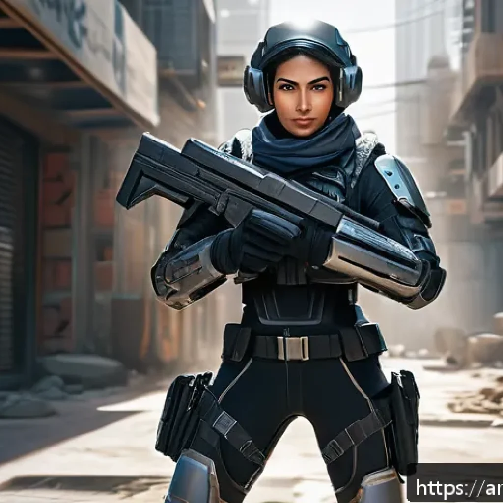 발로란트 히트박스 분석 - A highly detailed digital illustration of the Valorant agent Jett in a dynamic combat pose, wearing ...