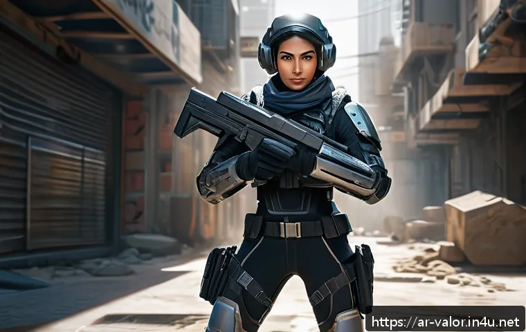 발로란트 히트박스 분석 - A highly detailed digital illustration of the Valorant agent Jett in a dynamic combat pose, wearing ...