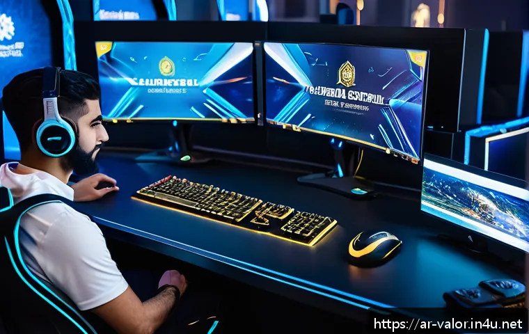 발로란트 경쟁전에서의 심리전 - A high-tech esports arena scene featuring two competitive Middle Eastern male gamers sitting at slee...
