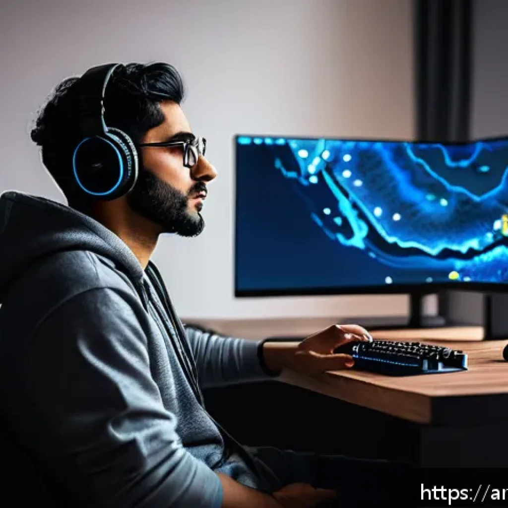 발로란트 실전 플레이 팁 - A focused Middle Eastern male gamer sitting at a modern gaming setup in a dimly lit room, wearing ca...