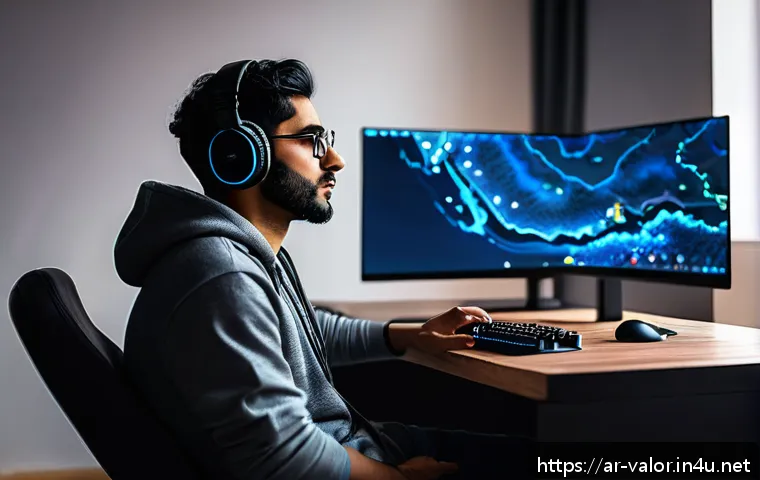 발로란트 실전 플레이 팁 - A focused Middle Eastern male gamer sitting at a modern gaming setup in a dimly lit room, wearing ca...