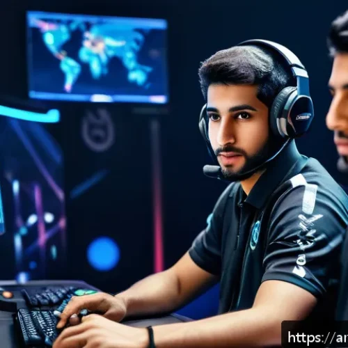발로란트 공식 가이드북 - A dynamic esports team in an intense Valorant match setting, featuring diverse Middle Eastern player...
