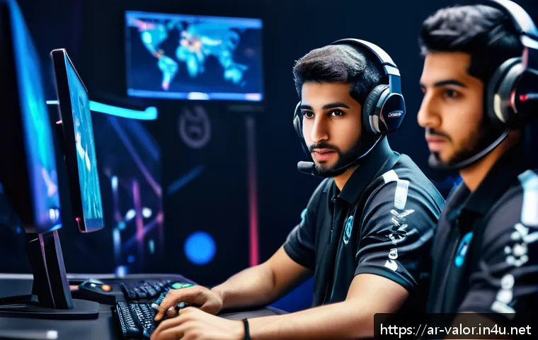 발로란트 공식 가이드북 - A dynamic esports team in an intense Valorant match setting, featuring diverse Middle Eastern player...