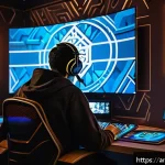 발로란트 피드백 시스템 활용 - A detailed digital art scene showing a Middle Eastern esports player sitting at a modern gaming setu...